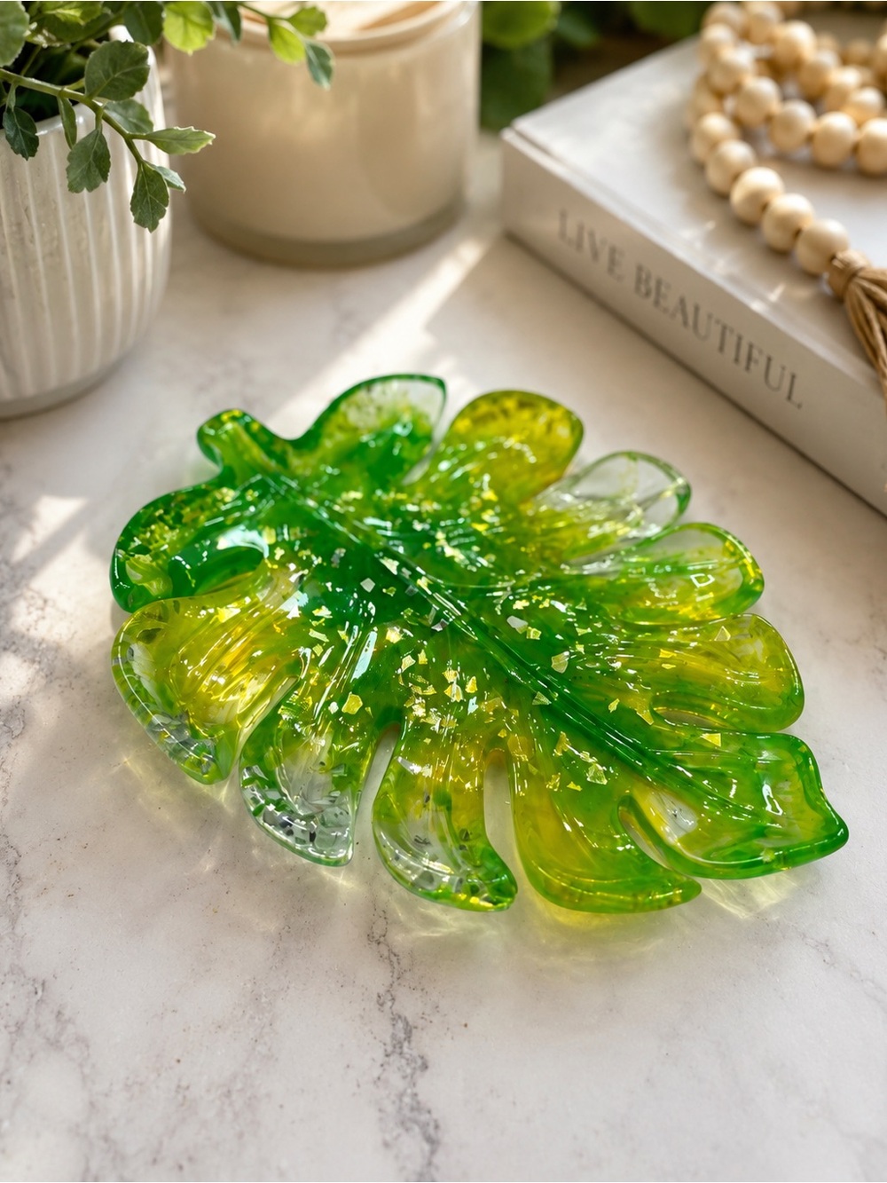 Green & Yellow Monstera Leaf Resin Decorative Tray catchall dish home decor